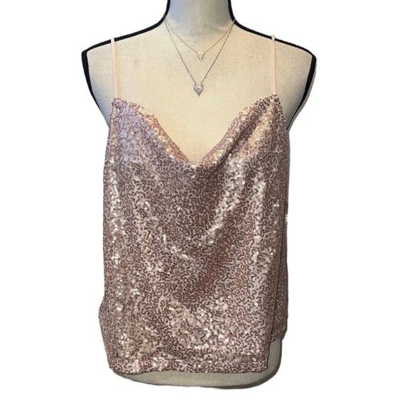 American Eagle Tops - American Eagle Rose Gold Pink Sequin Cowl Neck Blouse Tank Top Sz M